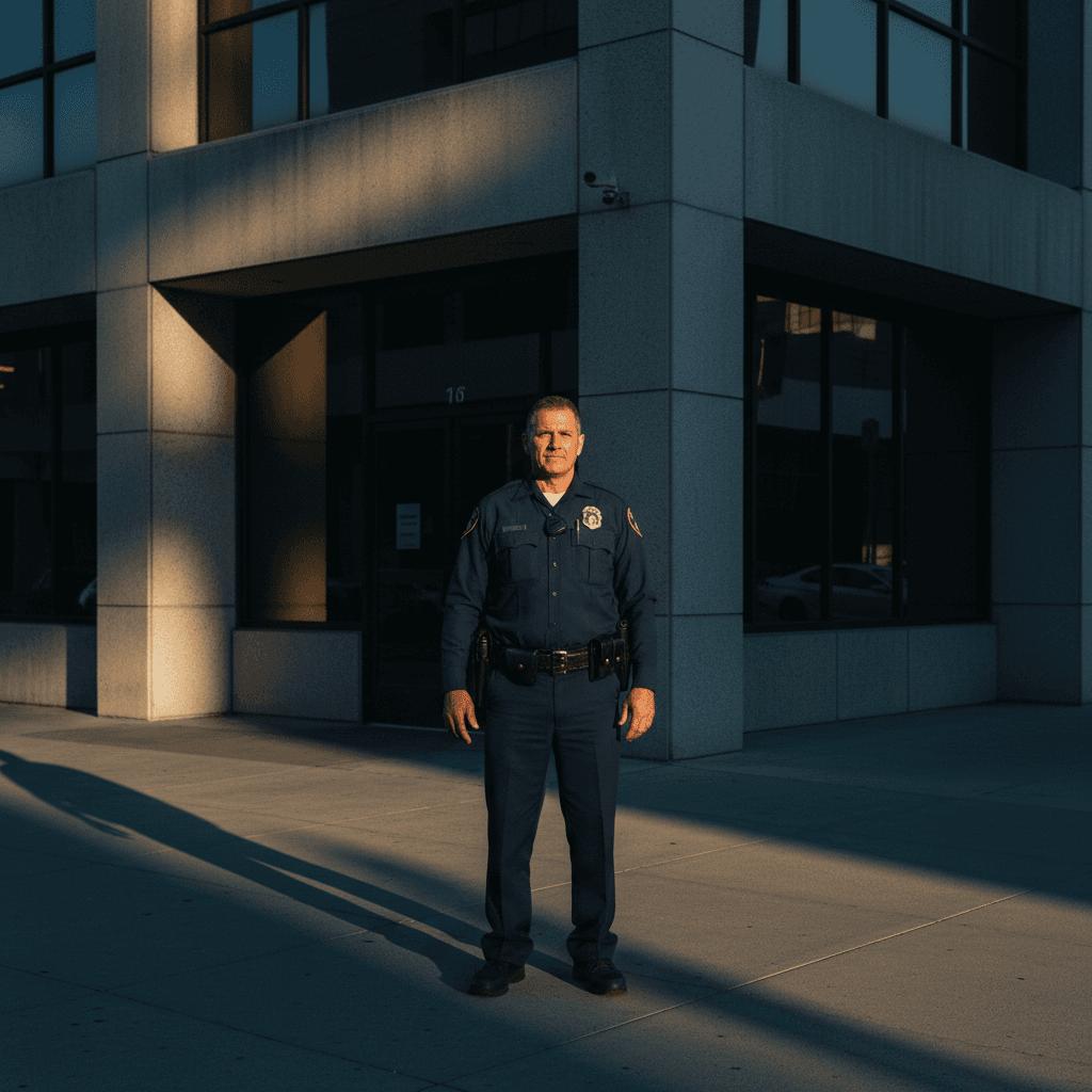 Security guard standing watch at building entrance in Los Angeles