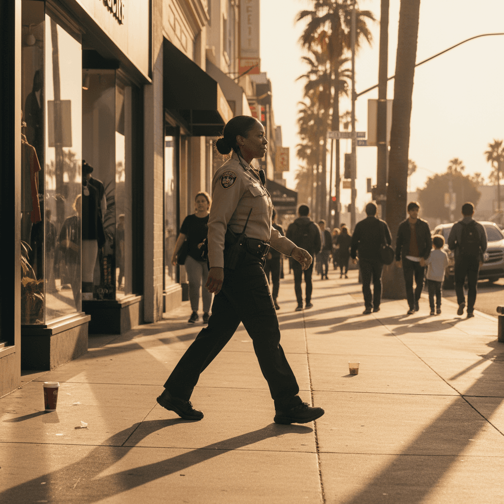 Security guard walking patrol on a busy Los Angeles street