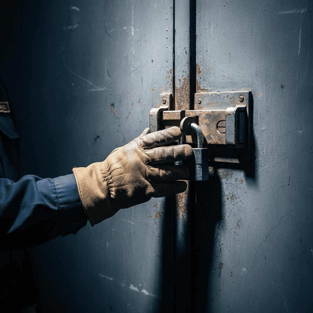 Security guard's hand on a locked steel door
