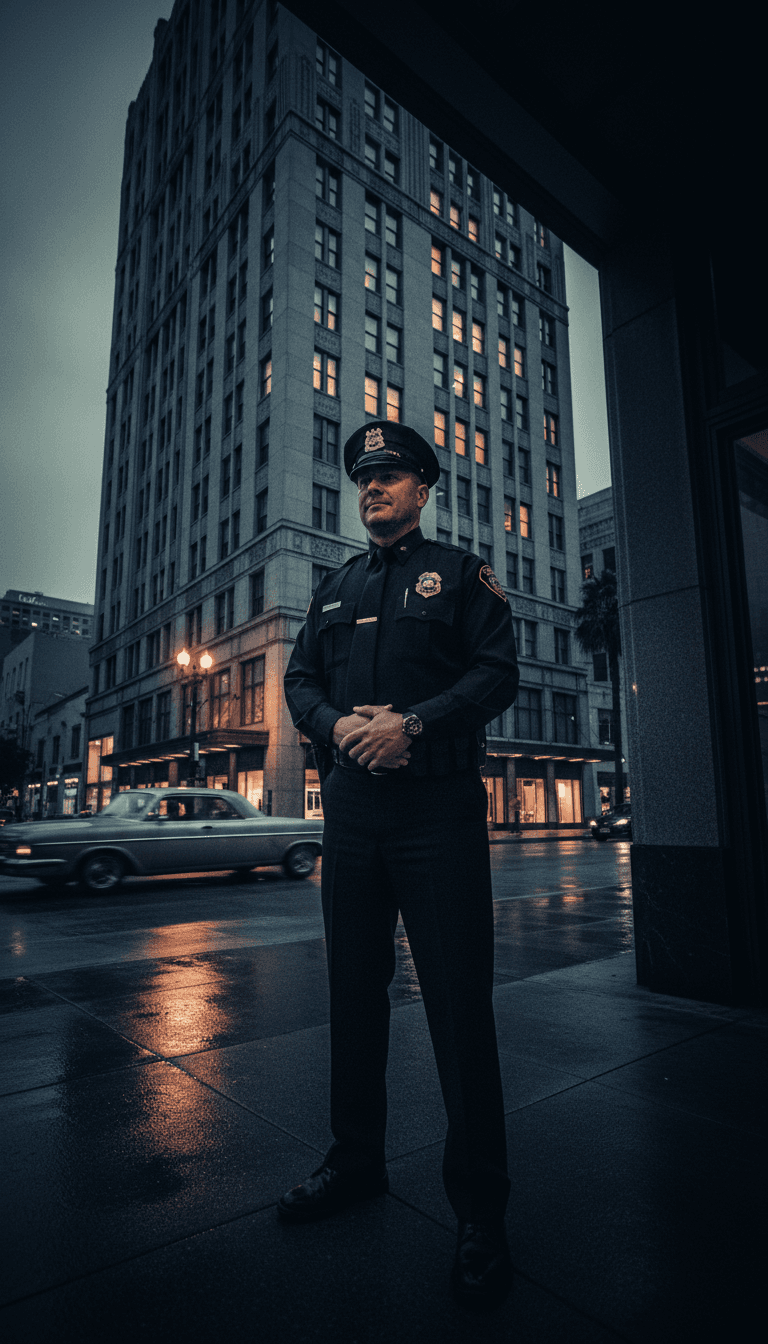 Security guard standing watch at a Los Angeles building entrance