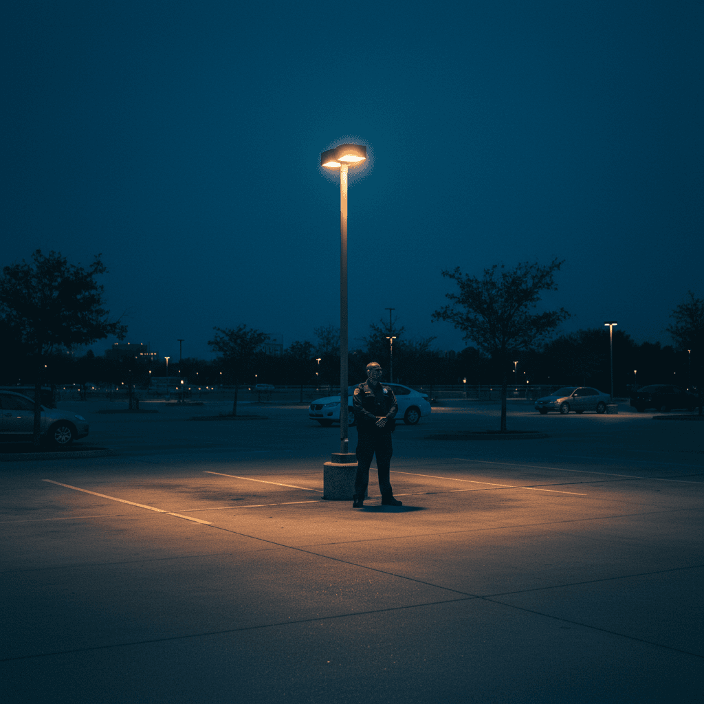 Security guard standing watch in parking lot at dusk