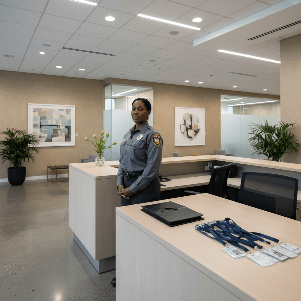 Security guard standing at reception desk in office lobby
