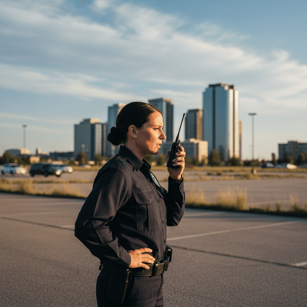 Security guard communicating via two-way radio during patrol