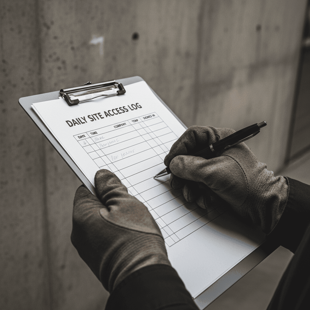 Security guard filling out check-in log on clipboard