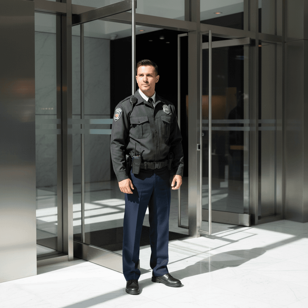 Uniformed security guard standing alert in modern office lobby entrance, professional and attentive